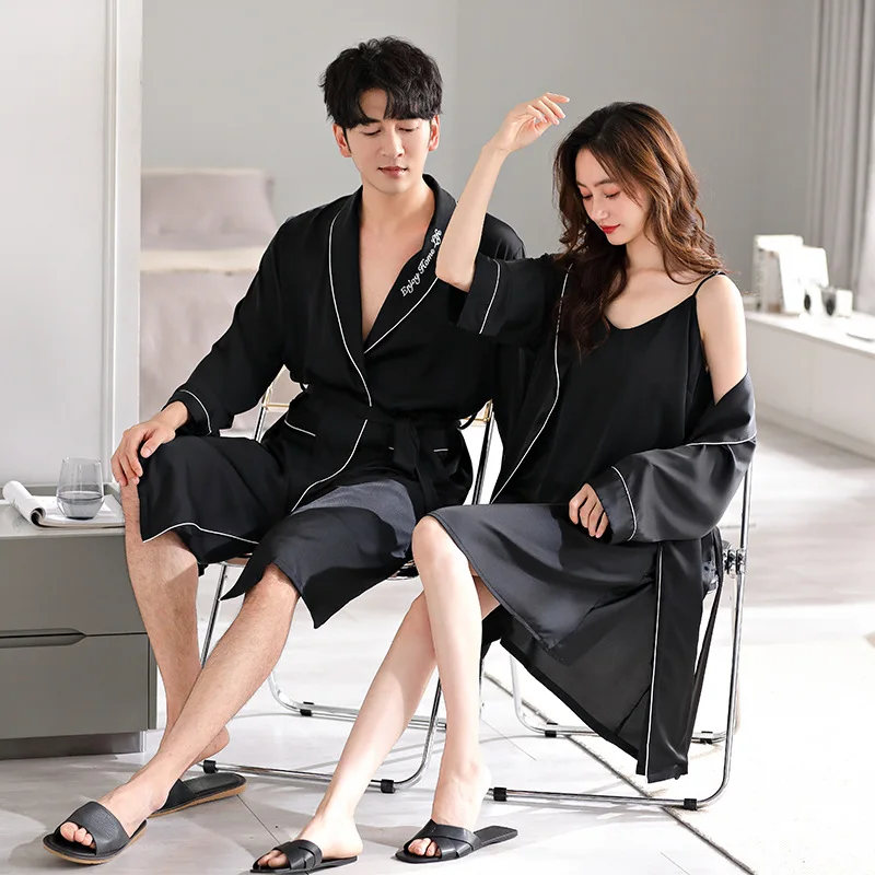 2024 Couples Ice Silk Sleepwear Women's Sexy Nightdress Bathrobe Men's Robe Shorts Nightwear Summer and Spring Pjs pyjama homme