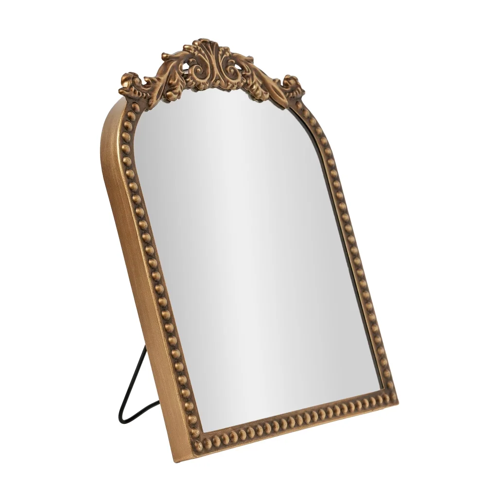 9.75' X 12' Gold Filigree Arch Tabletop Mirror with Adjustable Stand