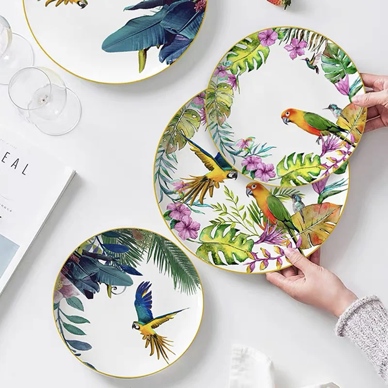 Parrot  Flower Soup Bowl, Ceramic Plate, Hawaii Tropical Style Tray, Summer Birthday Party Tableware, Niche Unique Fish Tray