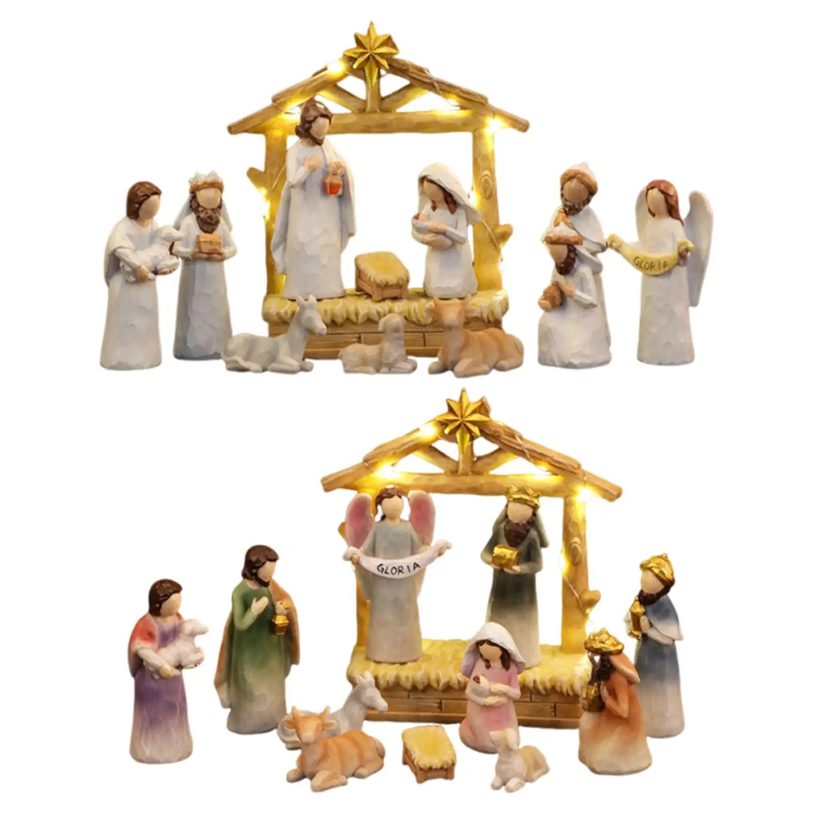 Christmas Nativity Figurines with LED Lights Sculptures Religious Decoration