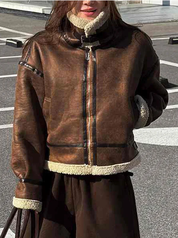 Winter Thiened Retro Leather And Fur Inteated Motorcycle Sle Women's Casual Faionable Cotton Jaet ort Outerwear