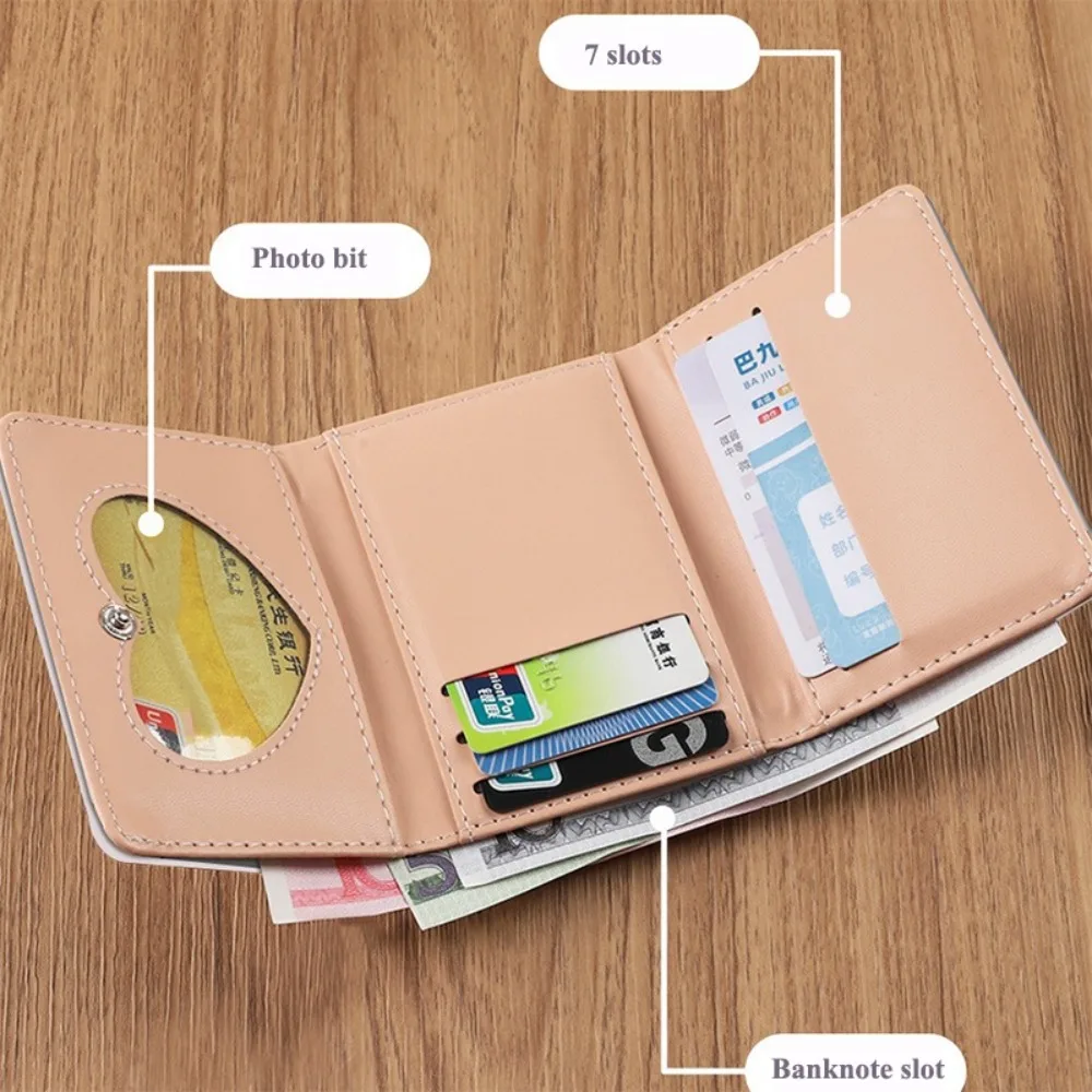 Novo clipe de dinheiro feminino carteira curta bonito dos desenhos animados múltiplas posições de cartão bolsa de couro triplo dobrável embreagem feminina