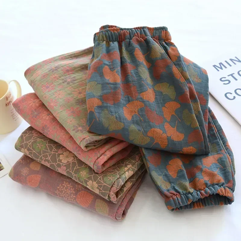 Pantaloni estivi in crêpe da donna in cotone sciolto per la casa 2023 comodi pantaloni primaverili pigiama grande a foglia nuovo sottile