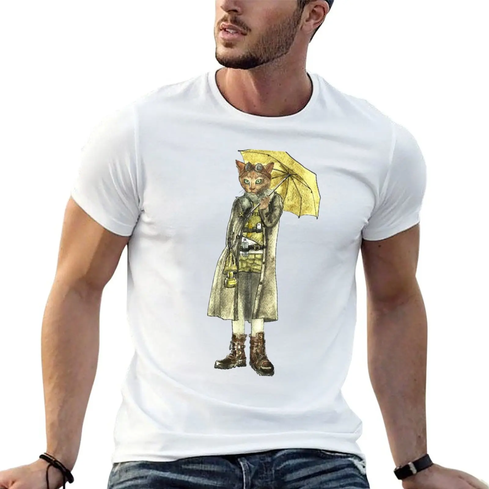 

Steampunk Yellow Umbrella Cat T-Shirt t shirts for man cotton funny t shirts for man pack cotton T-Shirt