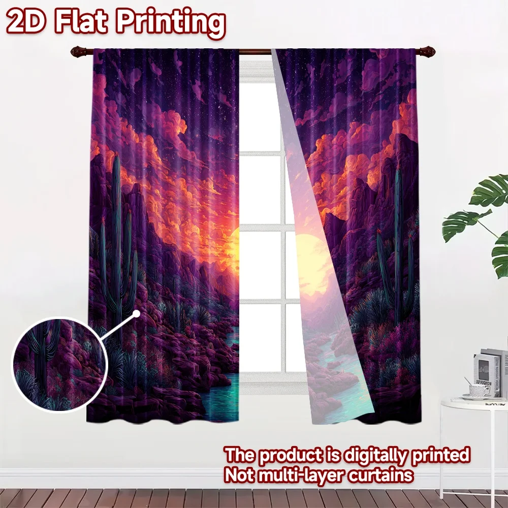 2D flat printing 2pcs Drapes Desert Landscape River Sunset Cacti Digital Printed Polyester Drapes Party Decorations Use for