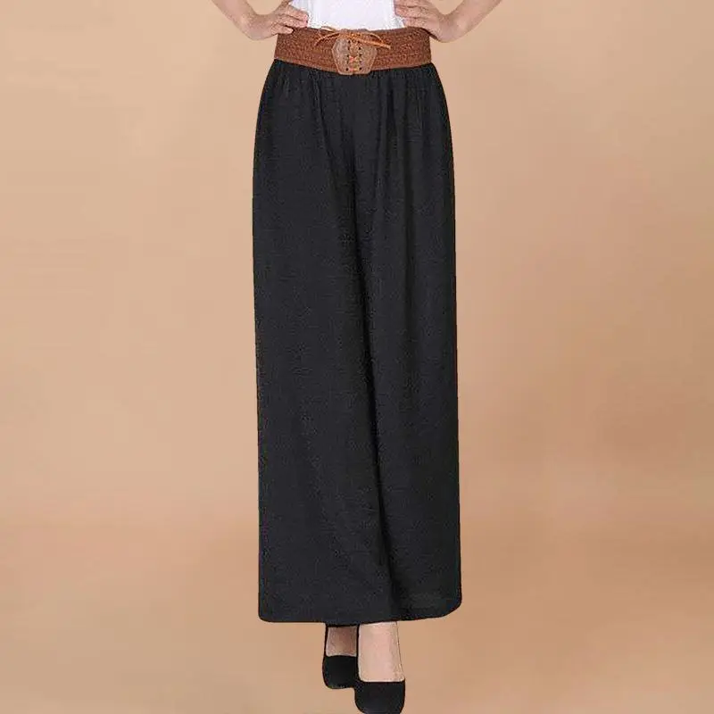 Korea Vintage Fashion Summer Women Pants Wide Leg Casual Loose Elastic Waist High Solid Drawstring Lace Up Ethnic Style Trousers