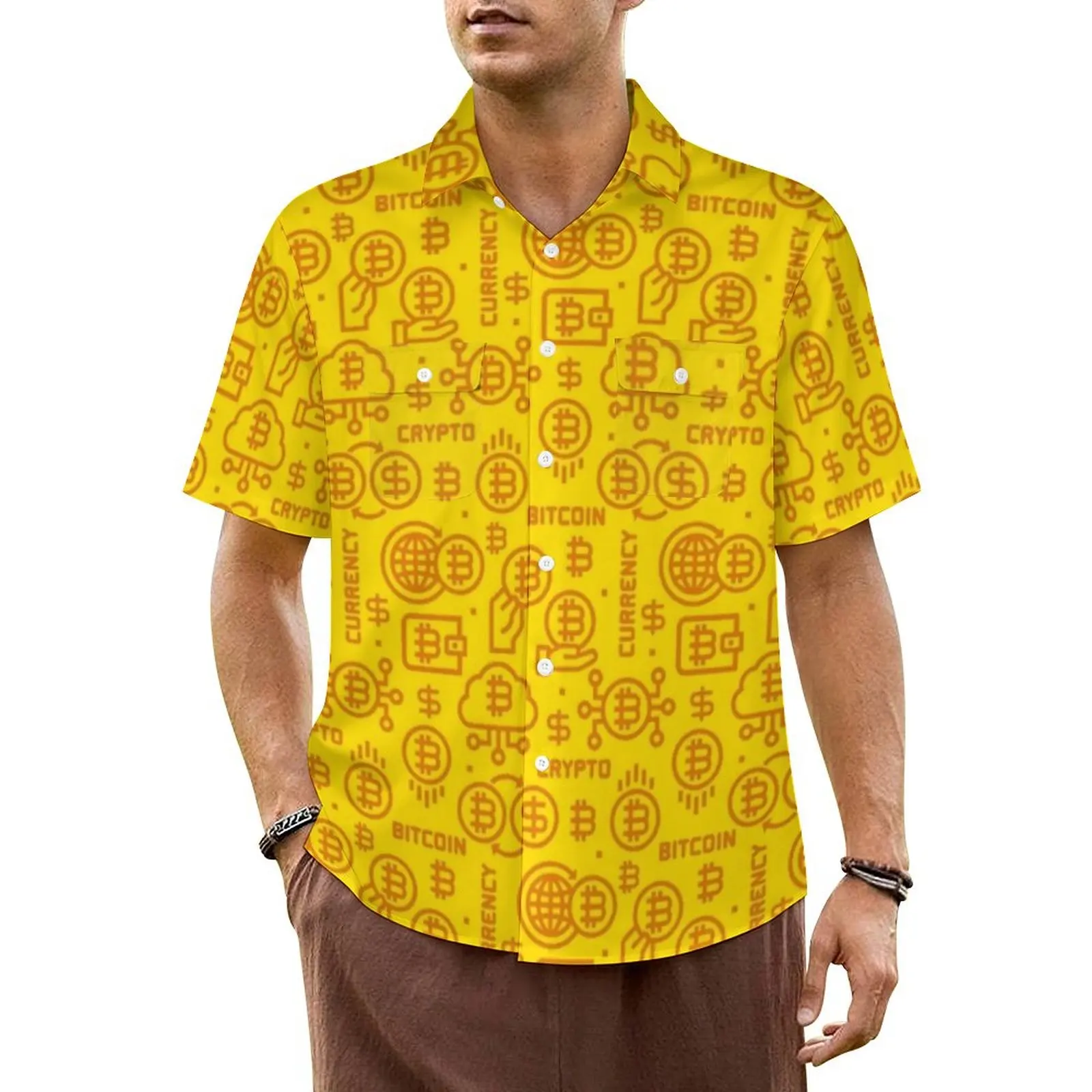 Bitcoin Yellow Logo Vacation Shirt Men Cryptocurrency Vintage Casual Shirts Hawaii Short-Sleeve Fashion Design Plus Size Blouses