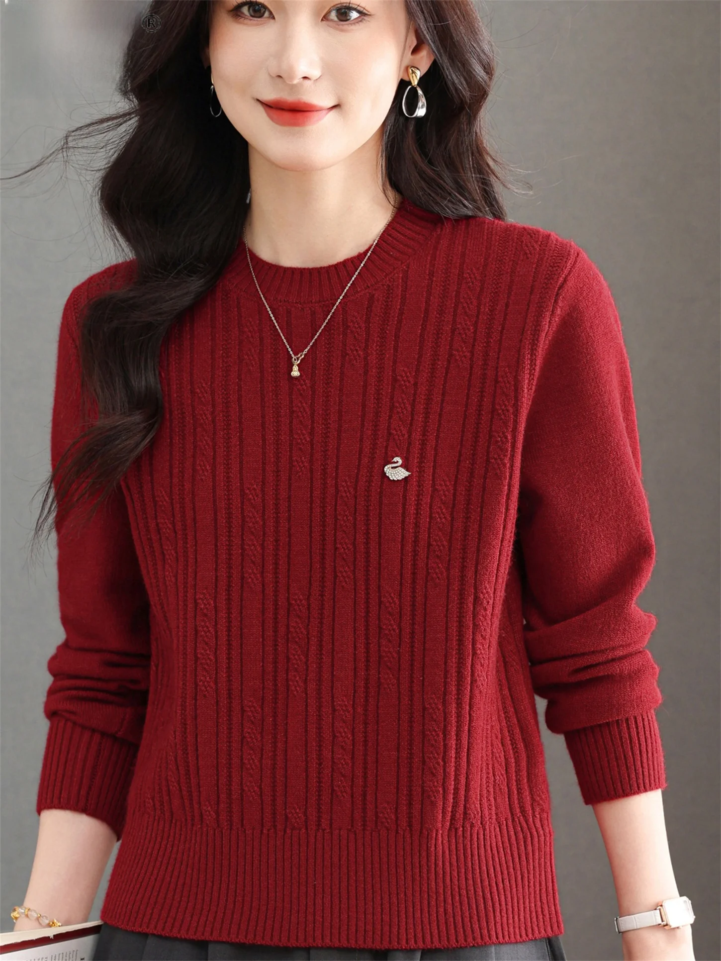 

Thiened Warm Comfortable Knitted Pattern Sweater round Ne Color Base irt for Mom Autumn Winter New Sle Mid-aged...
