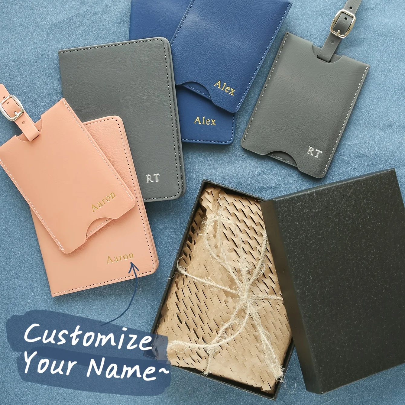 Custom Name Passport Holder Luggage Tag Set Golden Monogram Synthetic Leather Passport Cover Handmade Travel Accessories Gift