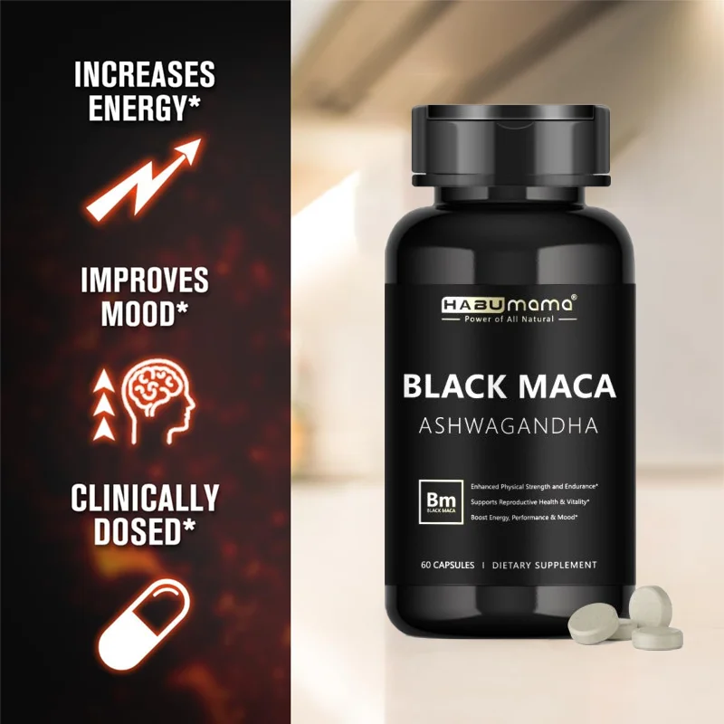 Black Maca supplement, helps energy & endurance & strength and immune system, GMO-free, vegetarian friendly, 60 capsules/bottle