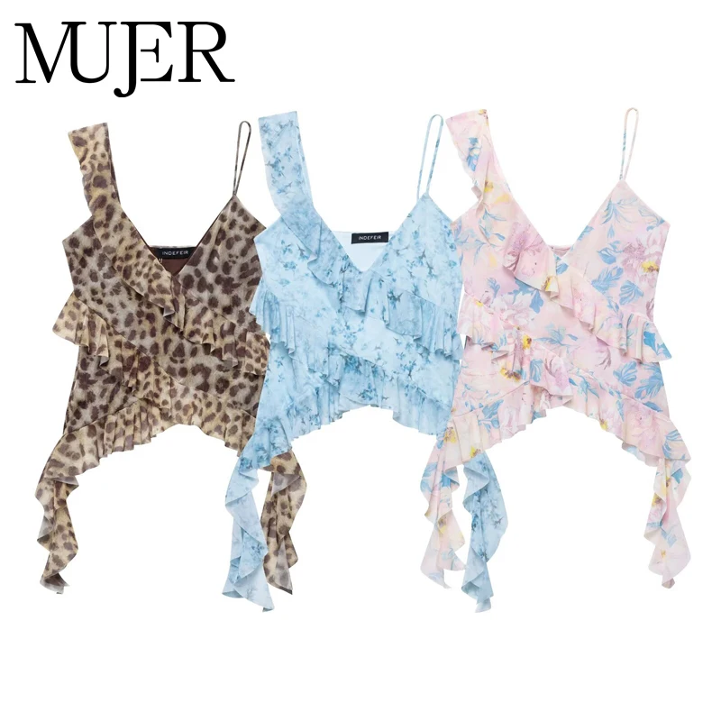 MUJER Print Ruffle Tulle Top Women Leopard Backless Tops Woman 2025 Summer Camisole Beach Top Female Sleeveless Tops for Women