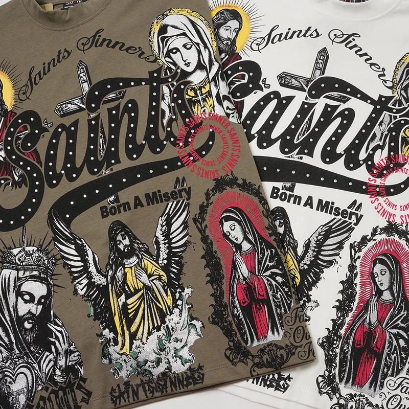 Jesus Prayer Graffiti Portrait Print Saint Tshirts Y2K Vintage Graffiti Faded Worn Rhinestone Letter Short Sleeve Men Women Tops