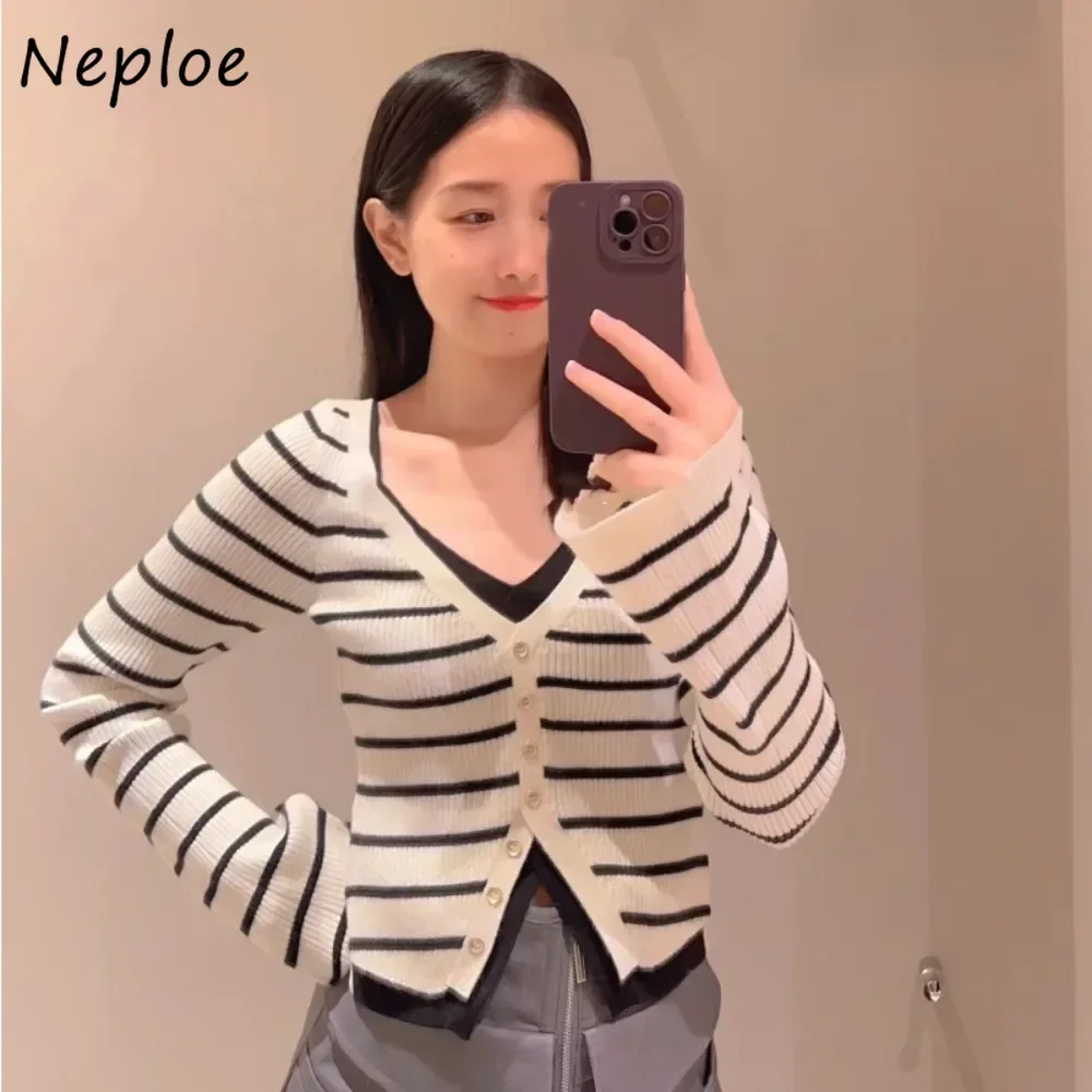 Neploe New V Neck Flare Sleeve Fake Two Pieces Jumper Sling Vent Single Breasted Stripe Cardigan Japan All-match Elegant Tops