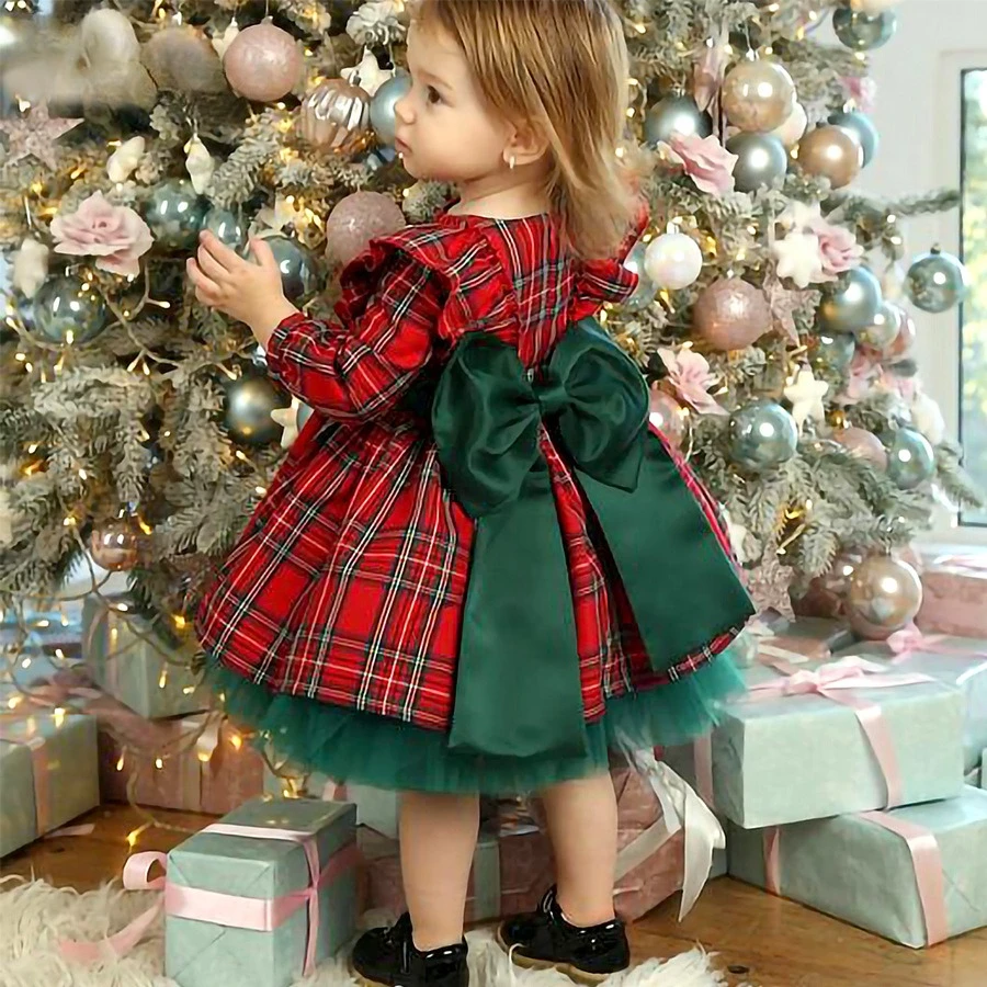 

Ma&Baby 1-7Y 2024 Christmas Girls Red Dress Kid Toddler Girl Plaid Bow Tulle Tutu Party Dresses Children New Year Xmas Costumes