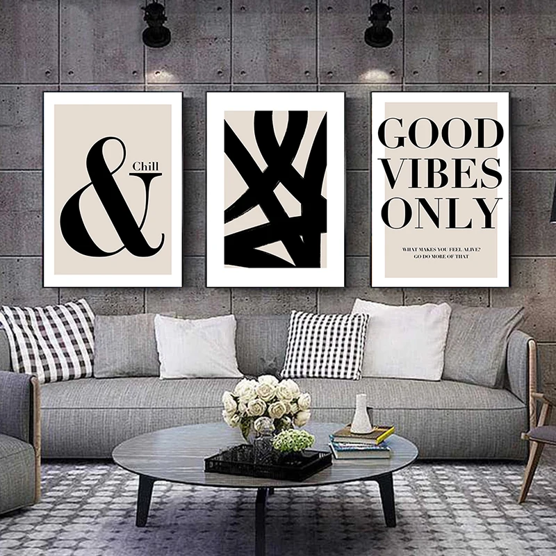 Set of 3 Neutral Abstract Art Print Poster Modern Good Vibes Stroke Nordic Canvas Painting Wall Picture Interior Room Home Decor