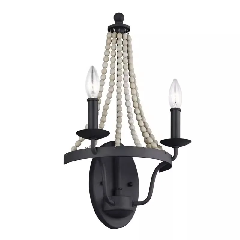 

Retro Iron Wall Light Minimalist American Living Room Creative Wooden Bead Personality Bedroom Dining Room Stairs Corridor Lamp