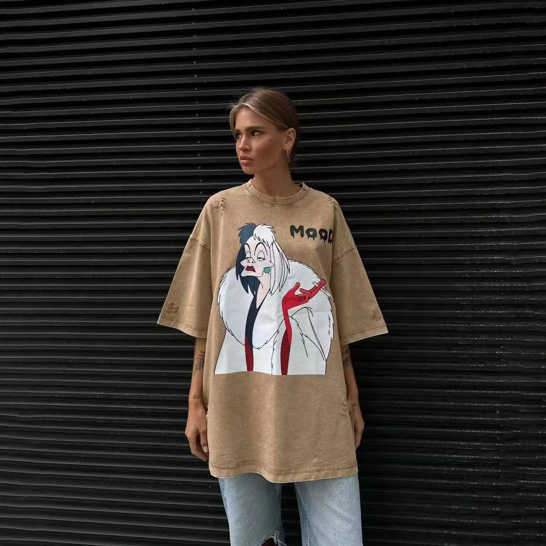 Women‘s Comics Print Short Sleeve T-Shirt, Casual Tops, Loose Style 2025, Long Tees Woman Summer