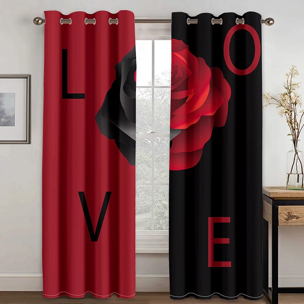 Modern Valentine's Day Rose Red Flowers Curtains For Lovers Bedroom Window Curtain For Living Room Curtains Drapes 2Panels