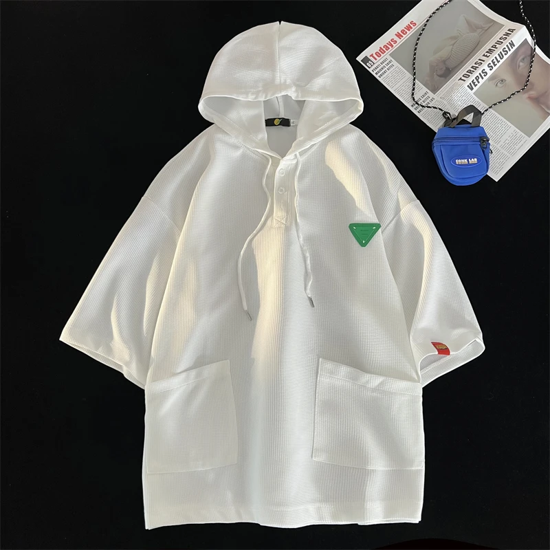 

Waffle Hooded Half Sleeve Men's Tops New Tide Pullover Hoodie Fashion Clashing Colour Patch Design T-Shirt Men Women Streetwear