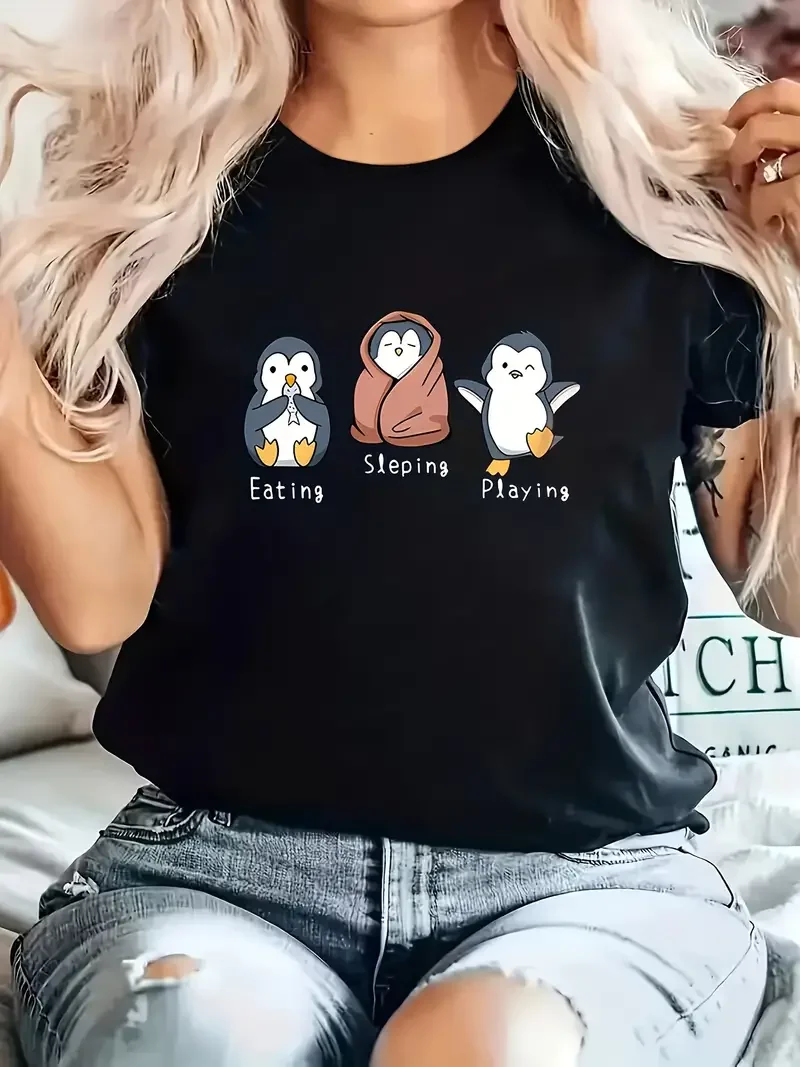 Three Little Penguins Eating Fish and Sleeping Pattern Printed Cartoon Women\'s T-shirt Cute and Simple Casual Commuting