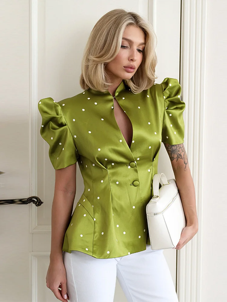 Bedruckter Taillierter Dünner Blazer für Damen Eleganter Stehkragen Puffärmel Kurze Ärmel Schlanker Mantel Schicke Büro-Damen-Oberteil Neue Oberbekleidung – Detail 9