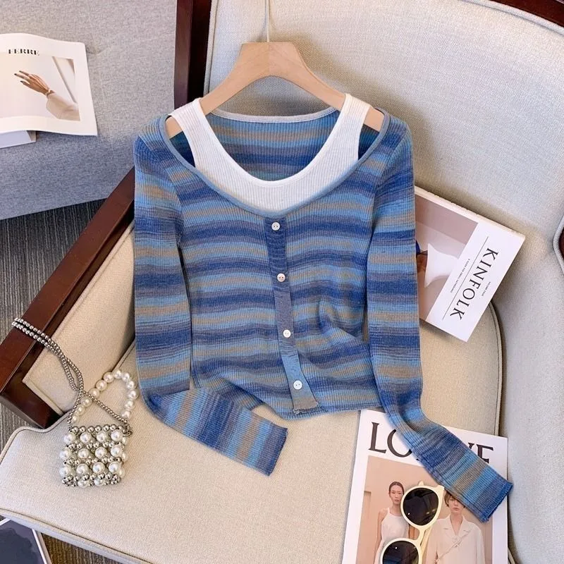 

Contrast Color Fashion Striped Long Sleeve Knitted Fake Two-piece Sweater 2025 Design Slim Fit Bottoming New Top