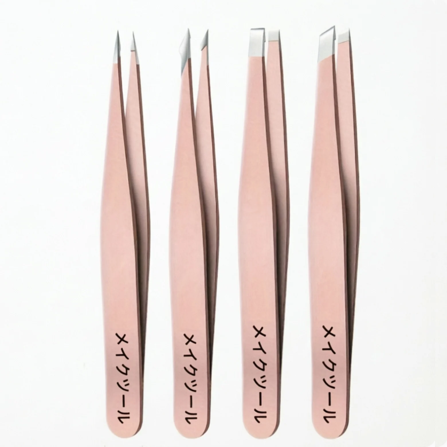Rose gold Japanese style stainless steel tweezers 4-piece set, suitable for eyebrow trimming and hair cleaning.