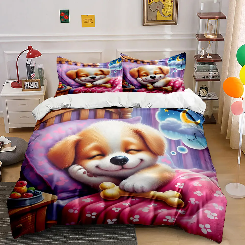 Dreaming dog in a fairytale setting Bedding Set for Kid Luxury Gift 3pcs Digital Print Comforter Set Soft Comfortable Breathable