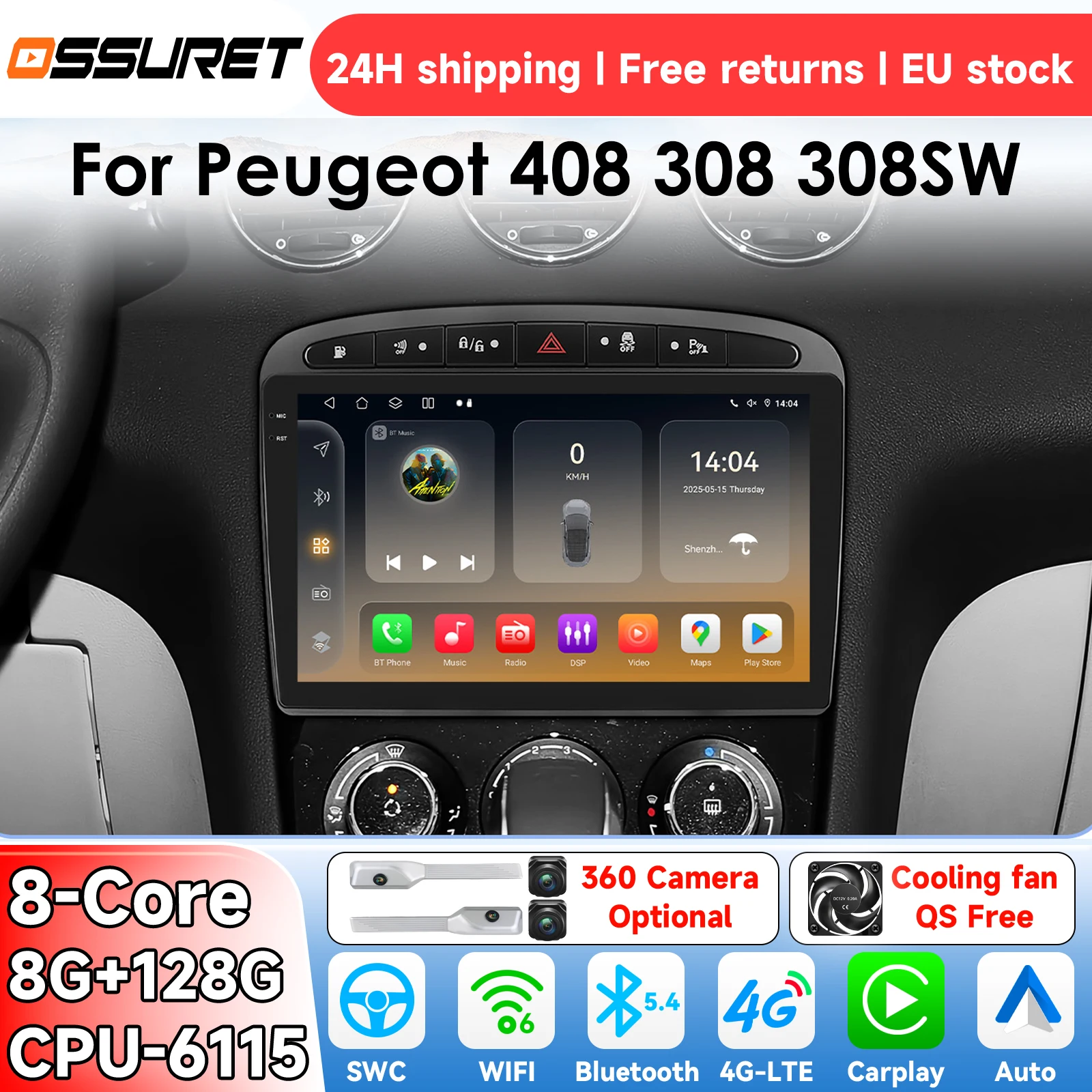 Autoradio OSSURET AI Android 14 pour Peugeot 408 308 308SW, système intelligent Carplay, lecteur multimédia vidéo, GPS 4G 6115