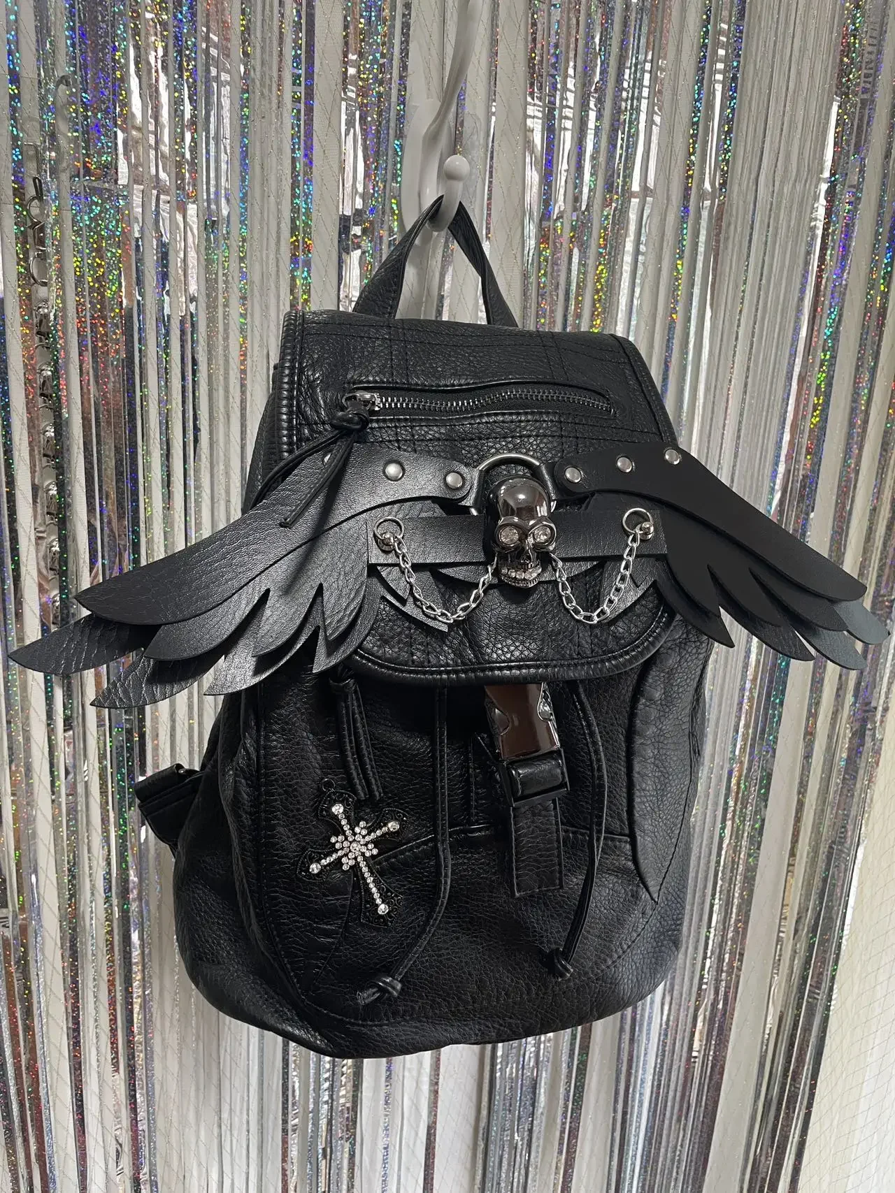 Rhinestone Cross Chain Rivet Alt Dark Streetwear Daypack Gothic Wing Skull Backpack Y2K Punk Black Faux Leather Backpack