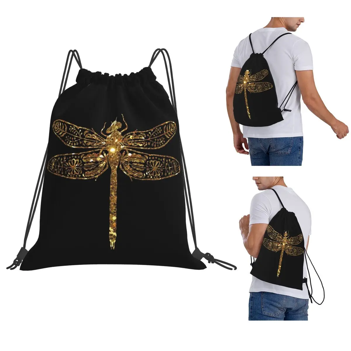 Fancy Gold Glitter Dragonfly Backpacks Casual Drawstring Bundle Pocket Storage Bag Book Bags for Man Woman School