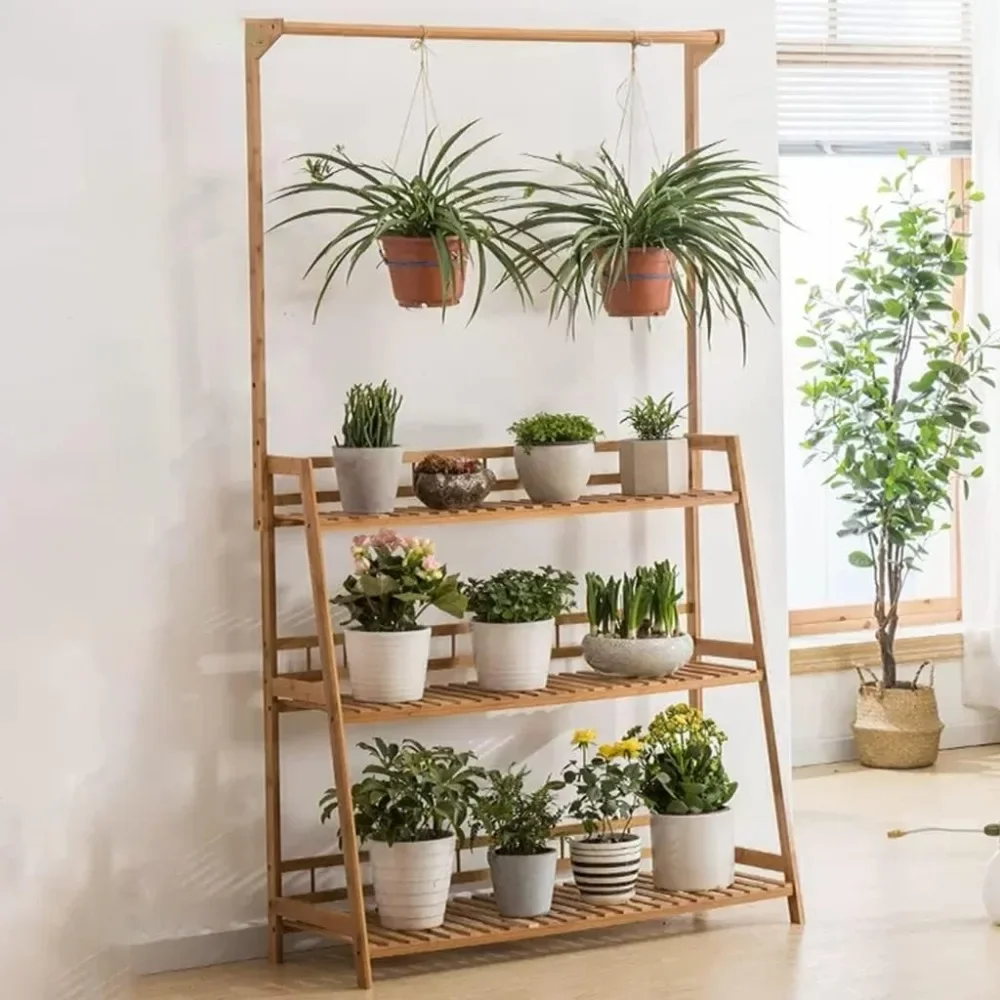 

Bamboo 3-Tier Hanging Plant Stand, Outdoor Ladder Plant Shelf, Planter Shelves Flower Pot Organizer Rack Display Shelving Plants