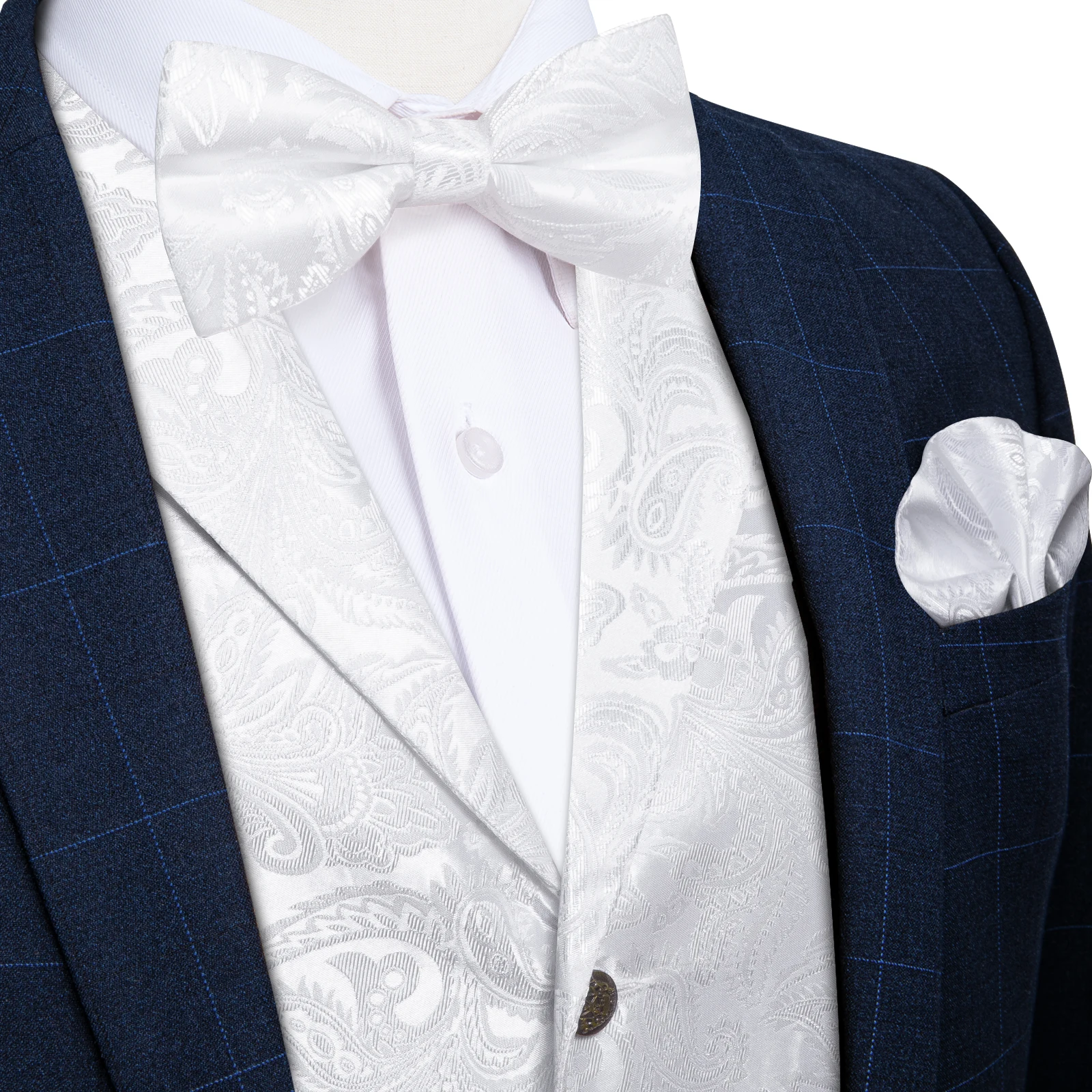 Chaleco de boda blanco puro para hombre, corbata de lazo sólida de lujo, gemelos cuadrados de bolsillo sin mangas, chaleco de negocios de otoño e