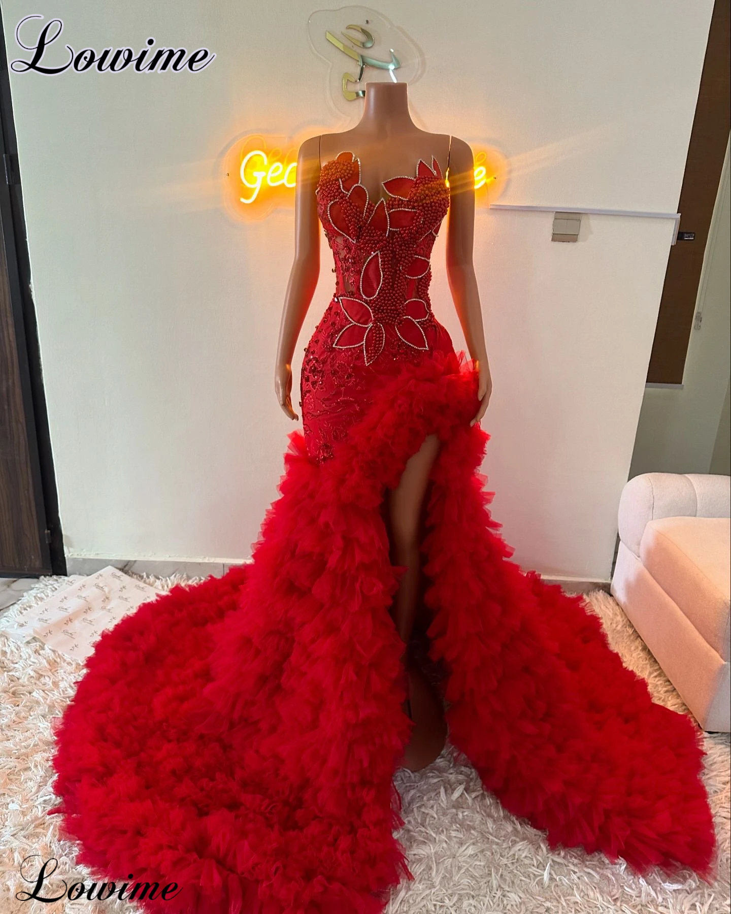 Red Lace Celebrity Dresses Plus Size Sleeveless Mermaid Evening Dresses With Side Slit Wedding Party Gowns Vestidos De Gala