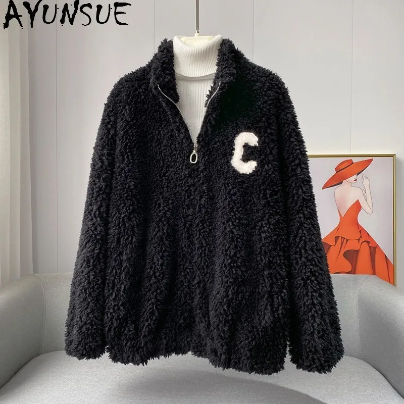 

AYUNSUE пальто из 100% шерсти, женская одежда, зимняя куртка 2025 года, пальто из овечьей овчины, новая верхняя одежда, женские пальто с воротником-стойкой