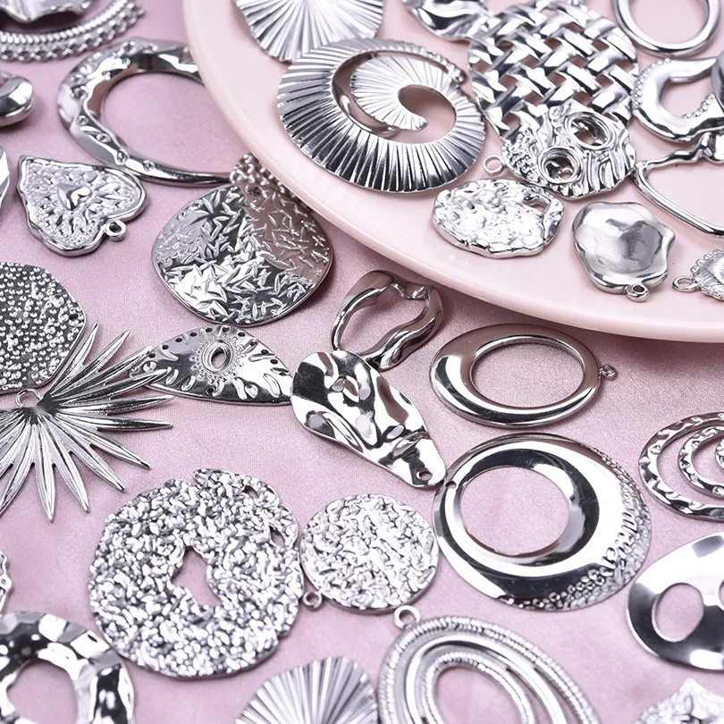 6Pcs/Lot Stainless Steel Assorted Big Hammered Irregular Charms DIY Embossing Round Heart Earrings Pendant Jewelry Material