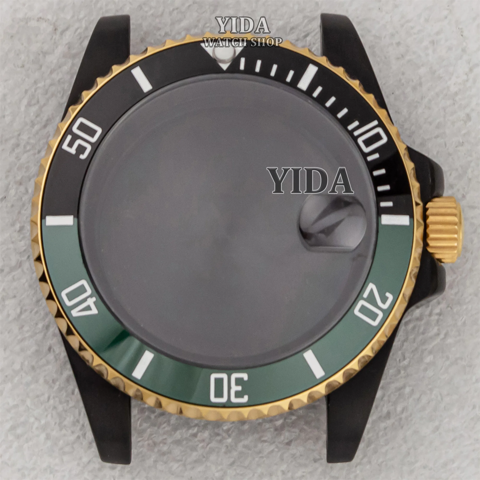 Sub gmt caixa de relógio 40mm pvd preto cristal safira 10atm waterpoof caber nh34 nh35 nh36 movimento automático mod acessórios