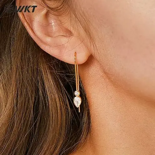 

WT-ME115 Изысканные длинные изгибающие темпераментные серьги с двойным цирконом, желтые латунные женские простые украшенные серьги