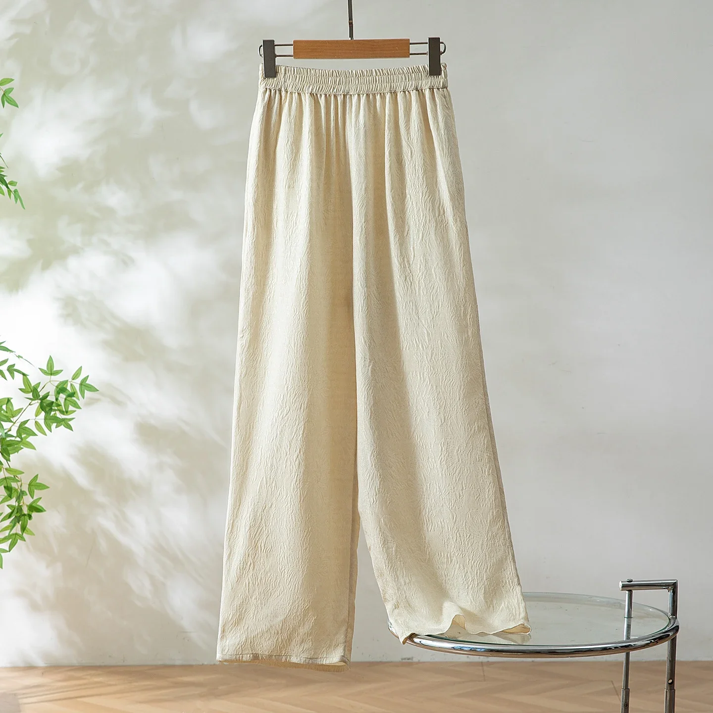 Women's Fashion Clothing 100% Natural Mulberry Silk GuanLe Crepe Elastic High Waisted Solid Color Casual Straight Leg Pants