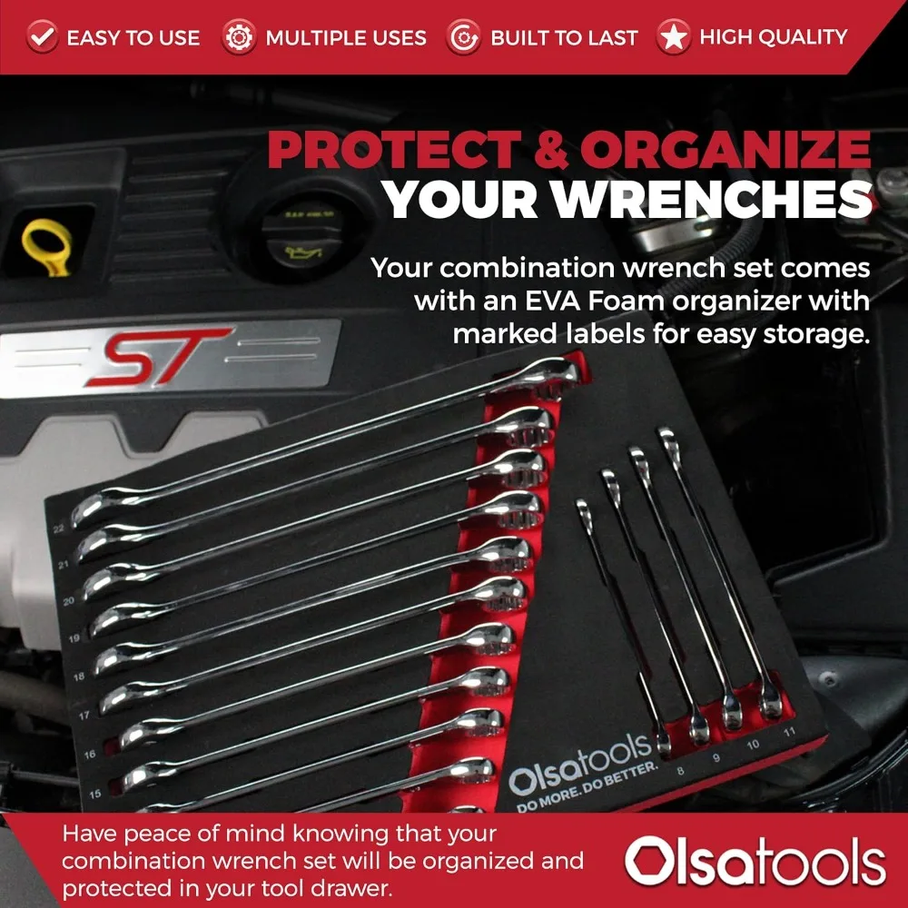 Set di chiavi combinate metriche da 15 pezzi, dimensioni 8-22 mm, infrangibili, acciaio al cromo vanadio, policarbonato