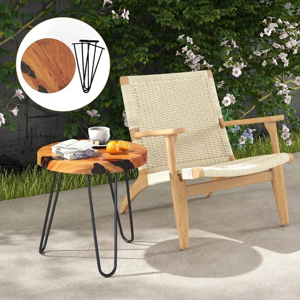 

20" Round Teak Wood End Table Solid Live Edge Outdoor Side Table w/Metal Frame