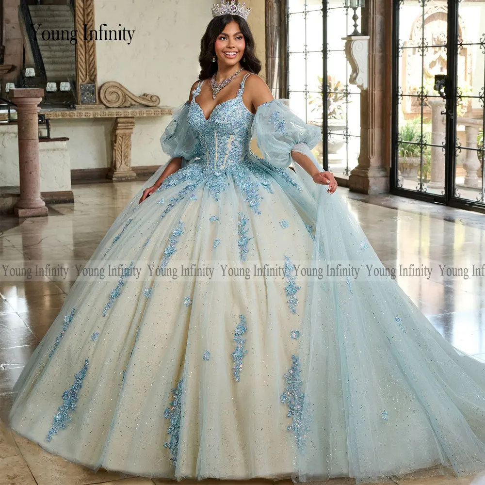 Amazing Quinceanera Dresses 2024 Ball Gown V-Neck Spaghetti Strap Detachable Sleeves Appliques Sequined Tulle vestidos de fiesta