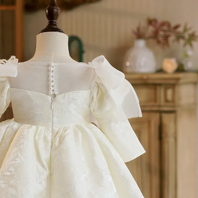 Fashion Baby Girl Princess Bow Pearl Dress Long Sleeve Infant Toddler Child Vestido Wedding Party Birthday Baby Clothes 12M-14Y