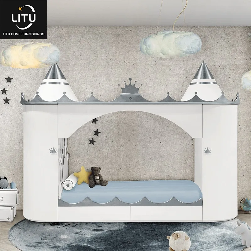Dongguan High Quality Furniture Custom Factory OEM/ODM Bedroom Solid Wood Gilded Luxury Boys Girls Fairytale Castle Kids Bed
