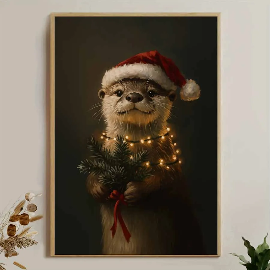 Christmas Otter Adorned with A Santa Hat Poster Unframed Christmas Lights & Pine Branches Prints for Living Room & Bedroom Decor