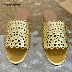 Genuine Leather Laser Carved Hollow Out Slipper Women Summer Shoes Open Toe Slip on Flat Comfortable Daily Muller Slides Hot New