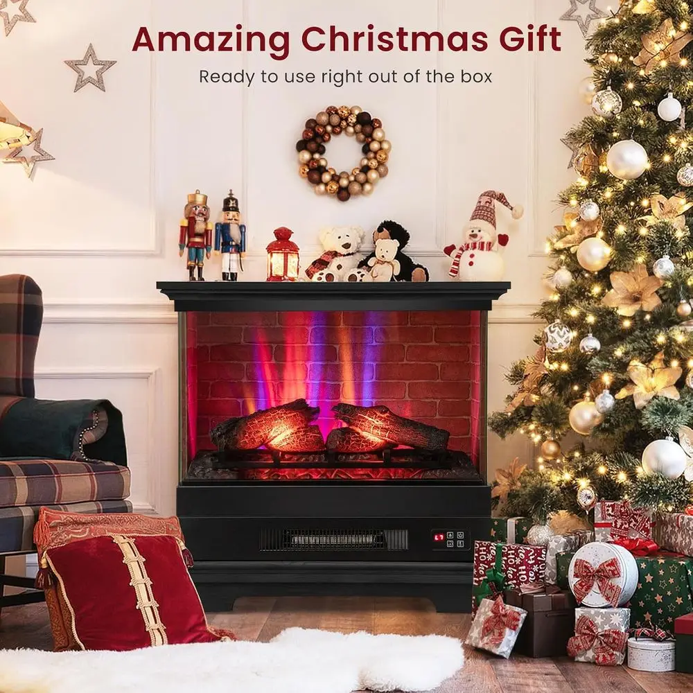 27 Inches 3-Sided Electric Fireplace with Mantel (Black) | Wooden Surround, Freestanding Fireplace Heater w/ 7 Flame Color, Remo