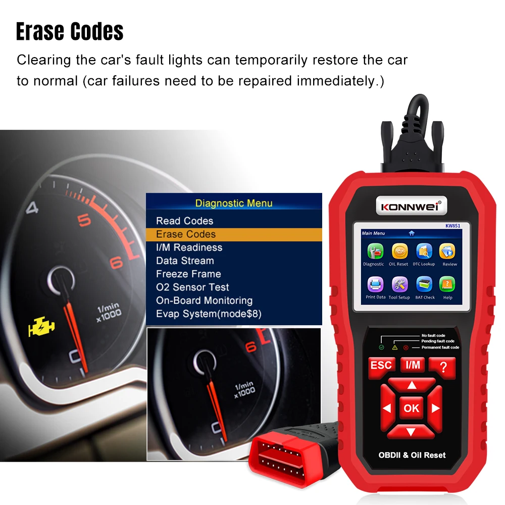 KONNWEI KW851 Car OBDII Diagnostic Scanner Oil Service Light Reset Read Clear Codes O2 Sensor Tester I/M Diagnostic Tool