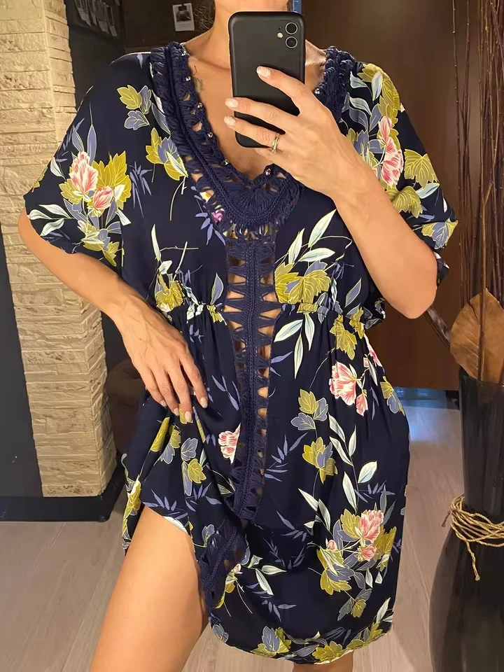 

Flowers Printed Half Sleeve Crochet Knitted Tunic Beach Cover Up Cover-ups Beach Dress Beachwear Female Women Beach Wear V5663