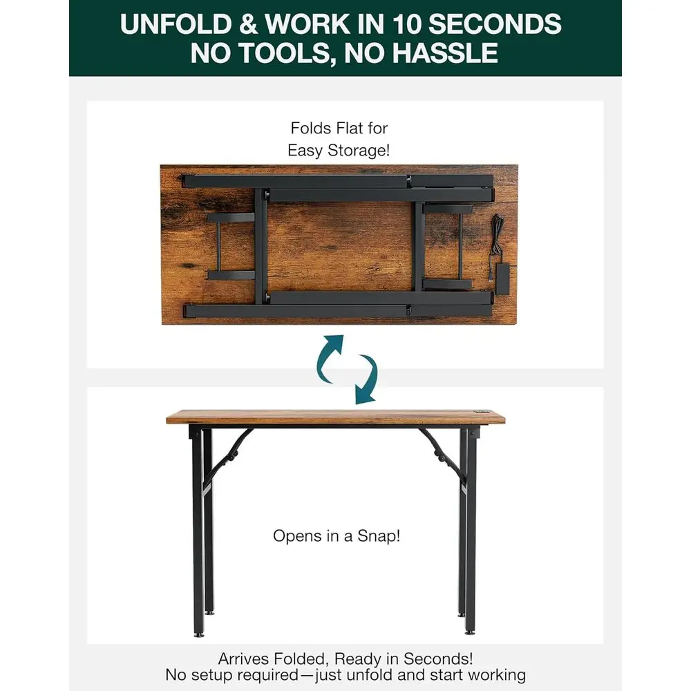 Portable 43.3 Folding Craft Desk with Built-in Outlets, Rustic Brown